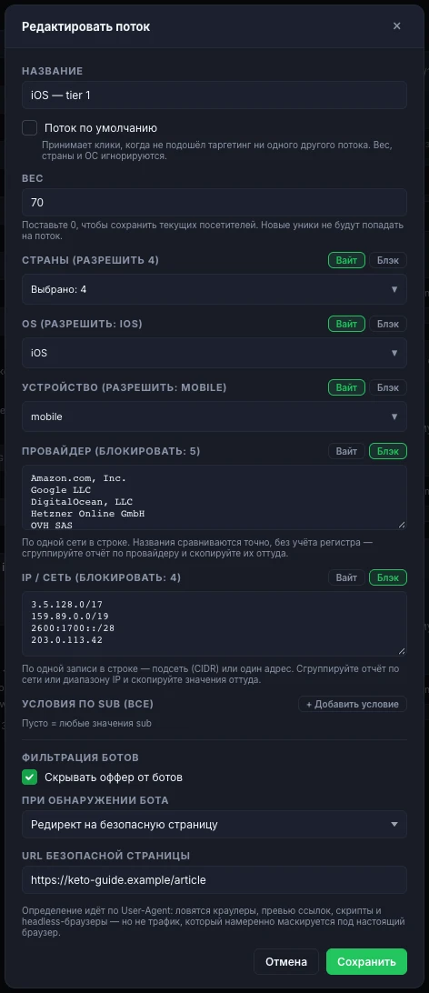Окно «Редактировать поток»: вайтлисты по стране, ОС и устройству, блэклисты по провайдеру и IP, фильтрация ботов