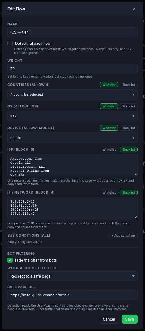 The Edit Flow dialog: country, OS and device whitelists, ISP and IP block lists, and bot filtering on a single flow